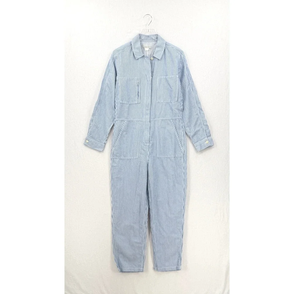 OUTERKNOWN Station Jumpsuit Women Small Blue Railroad Striped Utility Coveralls